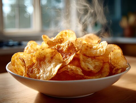 A steaming bowl full of crispy golden potato chips sits on a wooden table near a window with sunlit background and light blur effect.