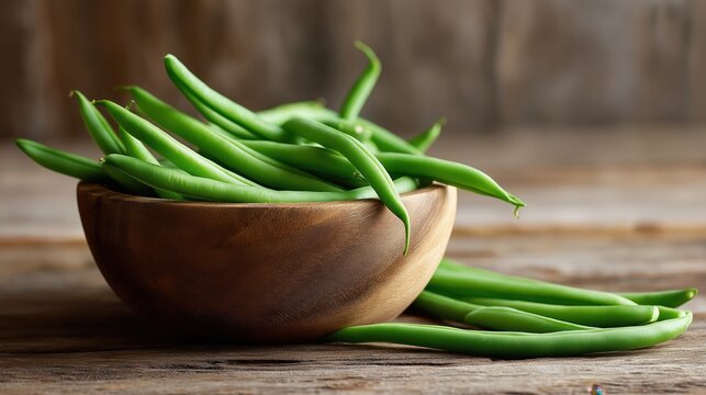 Fresh green beans in a wooden bowl on a rustic table, shot in natural light with copy space, perfect for farm-to-table, healthy eating, and seasonal food concepts.