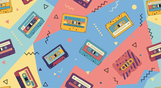 Retro seamless pattern featuring vintage cassette tapes on a vibrant geometric background with colorful shapes.