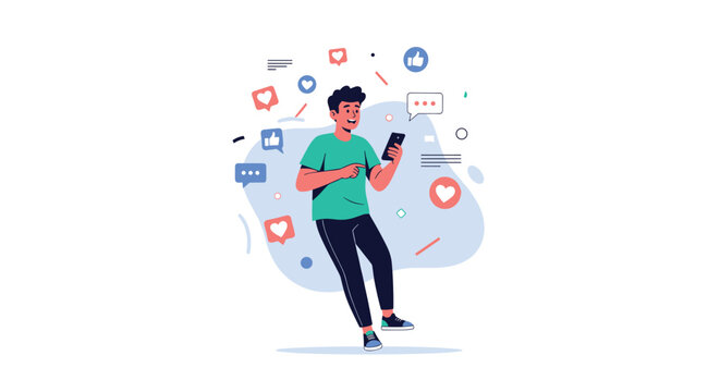 Happy young man using a smartphone while surrounded by floating social media icons like red hearts and thumbs up.