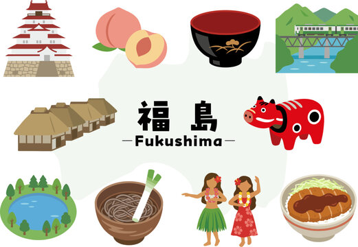 福島県の観光・名物アイコンセット（赤べこ・ソースカツ丼・大内宿・グルメイラスト）