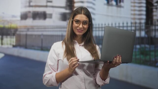 Woman wearing glasses holds laptop and gestures with one hand while smiling in front of a city street fence; confidence.