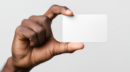 Obraz premium Close up of black man hand holding blank white credit card on white background 