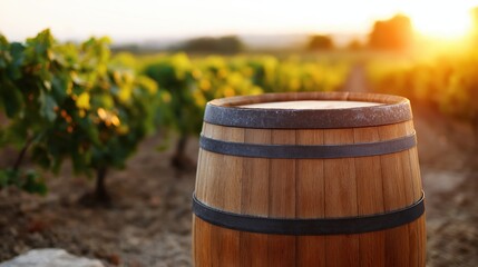 Fototapeta premium Oak wine barrel in vineyard at sunset, with sunlit grapevines and earthy rows, evoking harvest season and artisanal winemaking; warm golden hour scene with rustic detail and copy space for text.