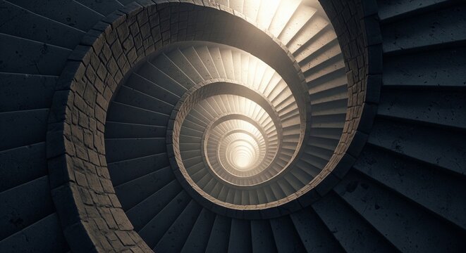 A high-angle shot looking down a dark, infinite spiral staircase with light hitting the center.