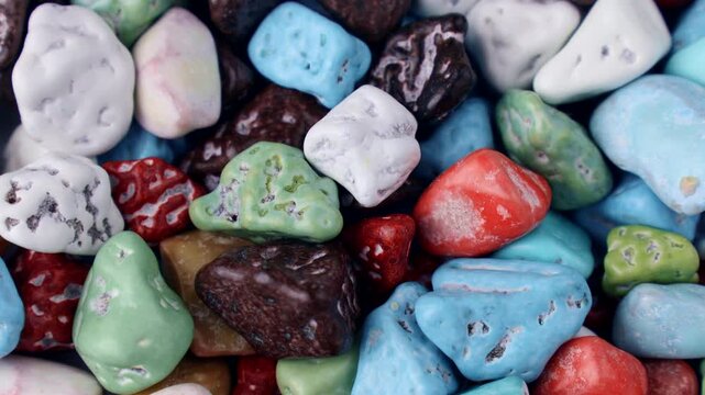 Multicolored stone candies with chocolate circle rotation close up top view