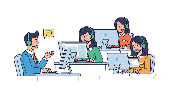 A male supervisor communicates with three female call center agents working at individual computer workstations in an open-plan office.