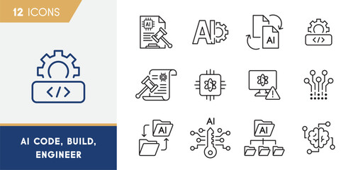 Fototapeta premium AI Code Development And Machine Learning Engineering Line Icons Set