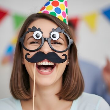 Woman Wearing Funny Photo Booth Props with Mustache Glasses and Party Hat Smiling at Camera