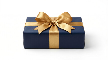 Obraz premium Dark blue gift box with gold ribbon bow isolated on white background, luxury present packaging concept