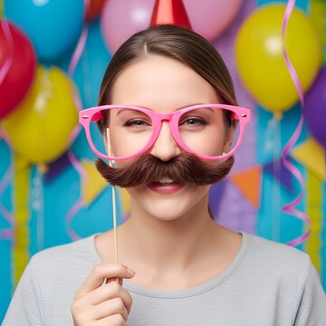 Woman Wearing Pink Glasses and Fake Mustache at Colorful Birthday Party with Balloons and Streamers