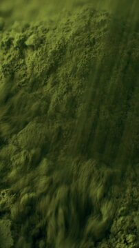 Matcha green tea powder falling down close up. Moringa, Spirulina, chlorella superfoods, vertical video format
