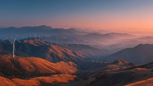 Wind turbines at sunrise on foggy hills as a clean energy concept with golden light, clear colorful sky and wide beatiful landscape