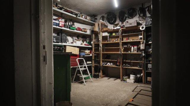 View through a dark doorway into a basement storage room or garage workshop filled with tools, shelves, and hardware