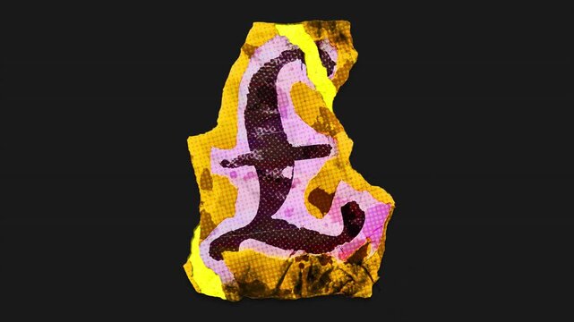 A drag and drop vibrant and brightly coloured symbol with alpha, in a torn creased up paper and card punk style that folds out in to place with worn aged effects and paper tears.
