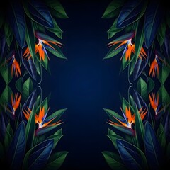 Fototapeta premium Vibrant tropical bird of paradise flowers and leaves on dark blue background