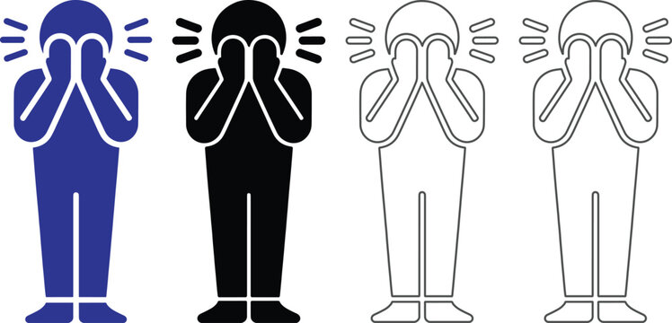 Four people covering their faces with their hands in different colors on white background