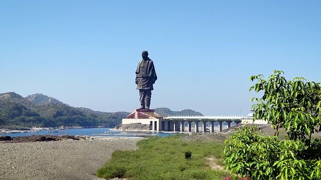 Statue of Unity Kevadia Gujarat India giant monument of Sardar Patel rising above Narmada Valley near Sardar Sarovar Dam, popular tourism landmark and iconic national attraction.