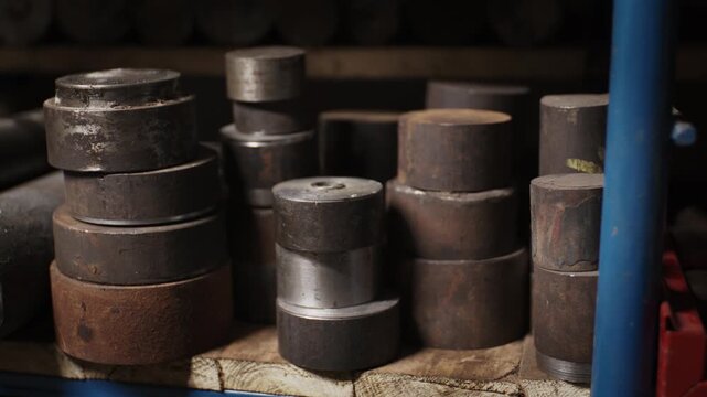 Close-up of heavy metal cylinders and steel billets stacked neatly on a wooden shelf in a dark industrial workshop.