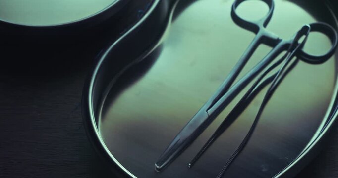 Professional medical forceps and tweezers are set down into a kidney-shaped stainless steel tray. Standard clinical procedure and equipment visual.