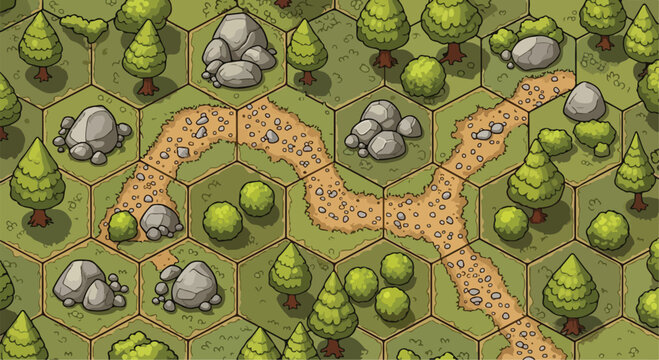 Overhead view of a detailed forest map with hexagonal grid, green trees, grey rocks, and a winding dirt path, perfect for game design or adventure concepts.
