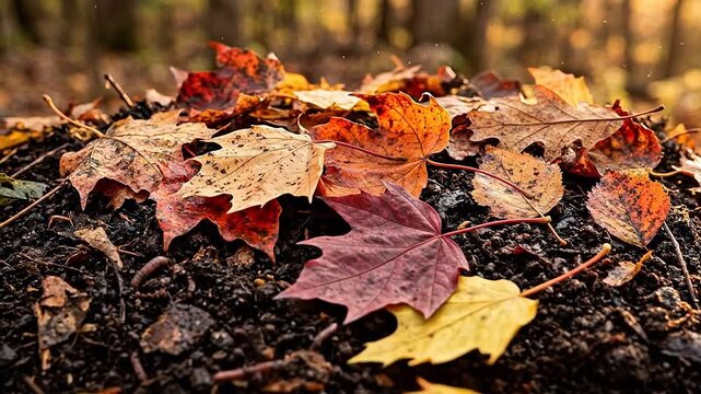 Brightly colored decaying autumn leaves resting on a bed of rich dark compost soil, symbolizing the natural cycle of environmental renewal.