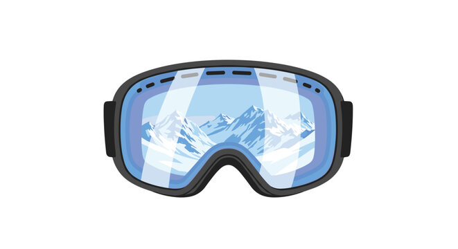 A single pair of blue-tinted ski goggles with a reflection of snow-capped mountains is displayed on a white background.