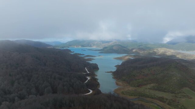 Techniti Limni Aoou Aoos Springs Lake Epirus Greece Pindus mountains highlands aerial drone