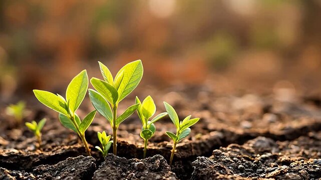 Vibrant green saplings breaking through deeply cracked dry earth in a close-up portrait, symbolizing resilience and large reforestation.