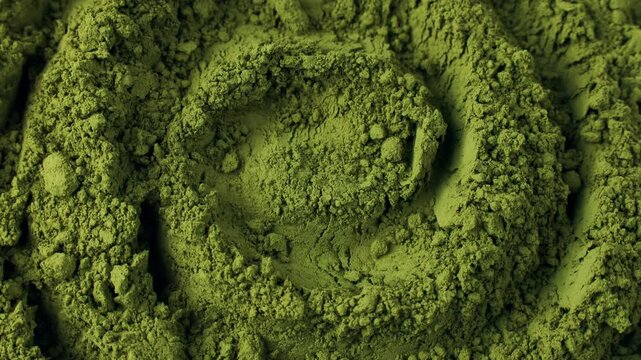 Matcha green tea powder circle rotation top view. Moringa, Spirulina, chlorella superfoods