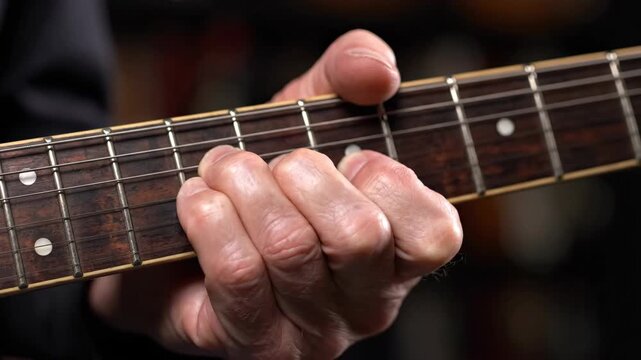 Close Up of Fingers Bending String on Electric Guitar Fretboard