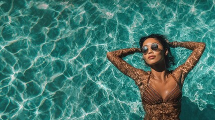 Obraz premium Woman relaxing on back floating in pool with sunglasses