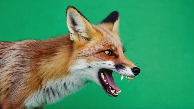 angry red fox with open mouth and sharp teeth on green background