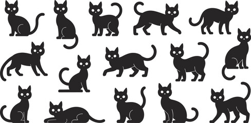 Black cat silhouette vector set, cute feline poses collection isolated on light background for Halloween and design use © MdSakila