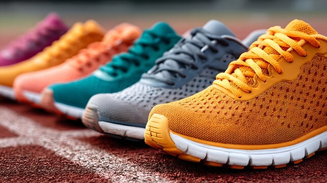 A row of colorful running shoes. These sneakers are perfect for any runner