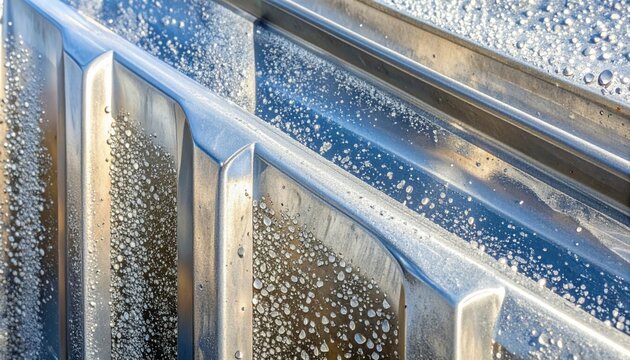 A close-up view of a shiny galvanized steel sheet showcasing its distinctive crystalline spangle pattern and a wet, reflective surface.
