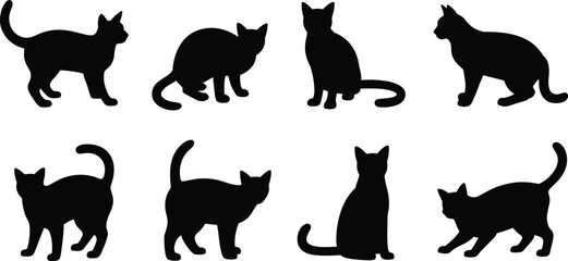 Cat silhouette vector collection, stylish feline poses black icons set isolated on light background for branding and graphic design © MdSakila