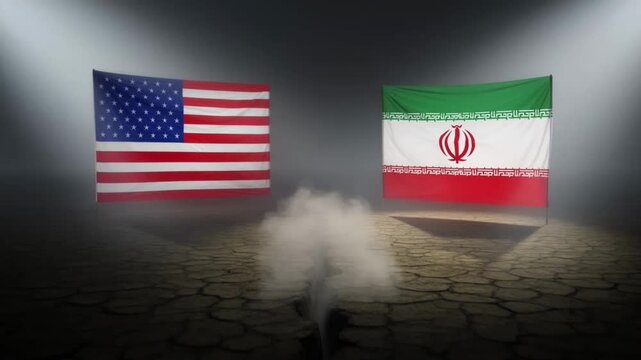 USA and Iran national flags facing each other with smoke on cracked ground 4k