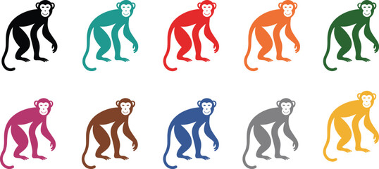 Colorful monkey silhouettes set in multiple variations isolated on white background for mascot logo design, playful animal icons and branding © MdSakila