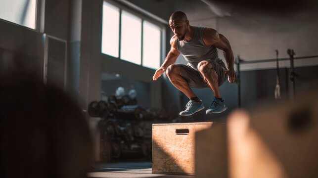 Male athlete performing plyometric box jump in indoor gym