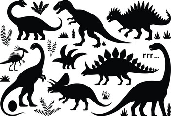 Dinosaur Silhouette Set with T Rex Triceratops Stegosaurus and Jurassic Plants Vector Illustration Collection © MdSakila