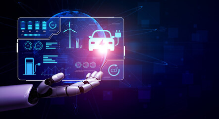Obraz premium AI manages EV charging dashboards by tracking battery status, optimizing renewable power use, and reducing carbon emissions through smart energy monitoring Vouch
