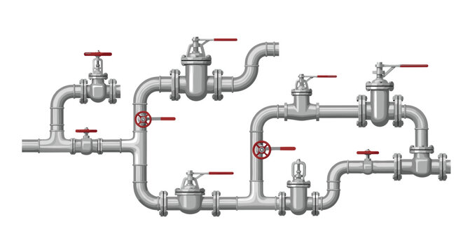 An extensive network of shiny metallic pipes is interconnected with numerous valves featuring red handles against a clean white background.