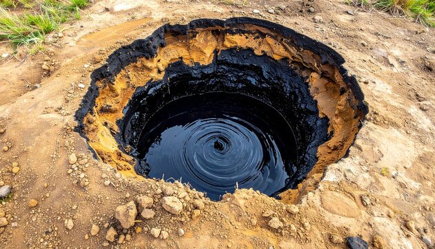 地中から湧き出る黒い原油の噴出穴