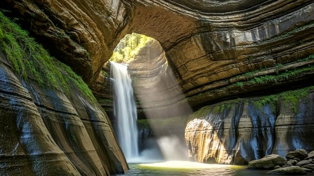 Serene Waterfall Cascading Through Rocky Archway