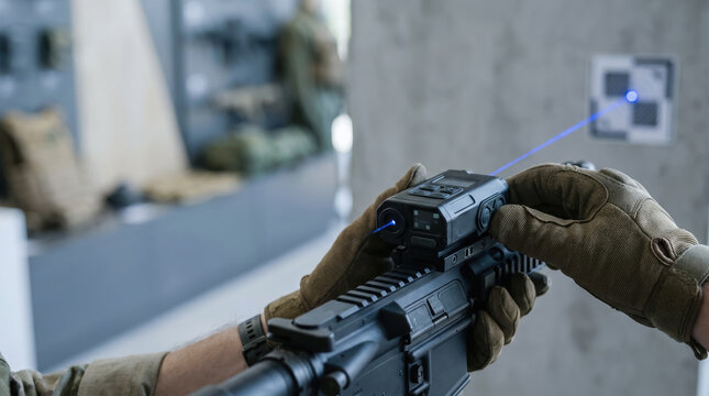 Ai warfare smart weapons sensors rifle scope hand calibrate targeting system with blue laser beam and tactical glove focus