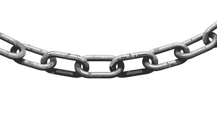 Obraz premium A single, curved metal chain with textured grayish-silver links hangs horizontally against a clean white background.