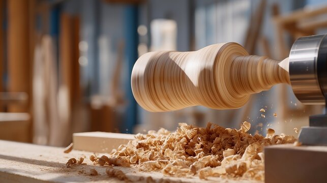 Woodturner shapes elegant spindle on lathe machine, wood curls spiraling onto workshop floor beneath rotating walnut blank and sharp gouging tools, ideal for furniture woodworking craft precision