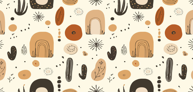 Boho Organic Shapes Seamless Pattern, Modern Abstract Arch Sun Symbols Decorative Surface Design