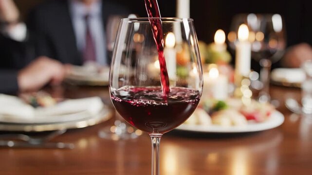 Close up of Red Wine Pouring Into a Crystal Glass at a Dinner Party